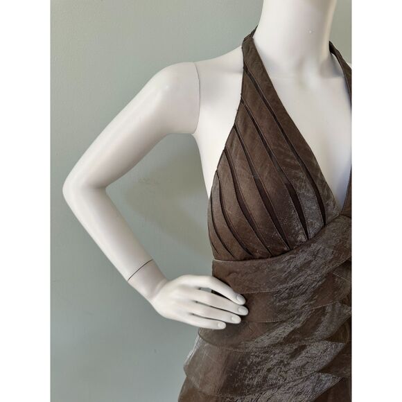 Cache Vintage Y2k Iridescent Brown Ruffle Halter Cocktail Midi Dress size 4 - Picture 5 of 12
